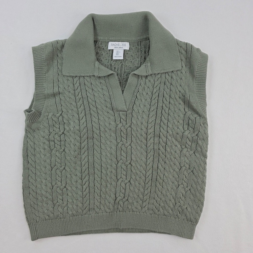 Rachel Zoe Sweater Vest Womens L Green Cable Knit Polo Collar Preppy Casual